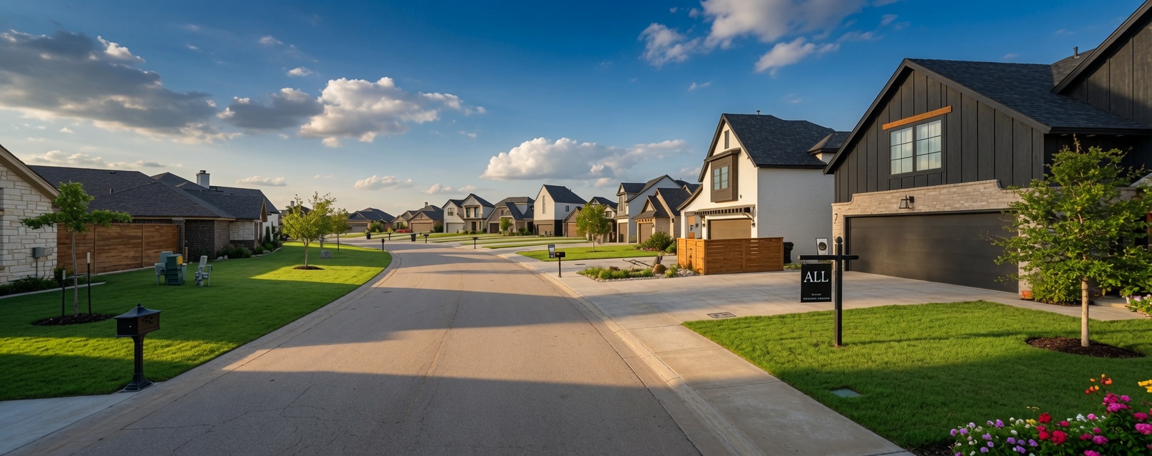 Tree-lined residential street in Cantera with modern homes and green lawns under a blue sky