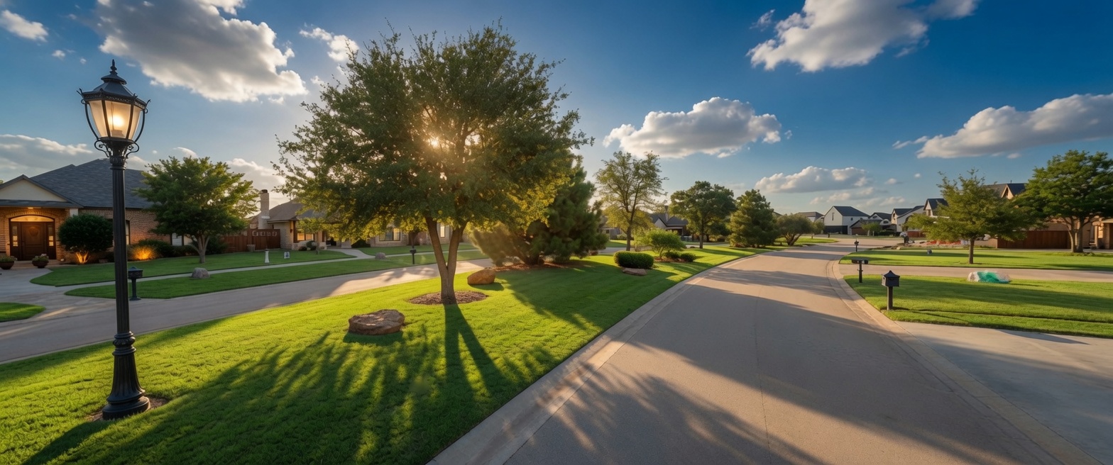 Golden-hour view of a Cantera boulevard with mature trees, green lawns, and classic street lighting
