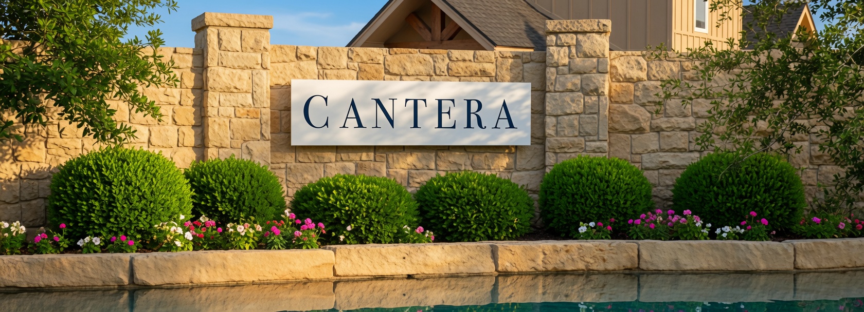 Cantera entrance monument with limestone wall, navy lettering, and landscaped gardens at golden hour