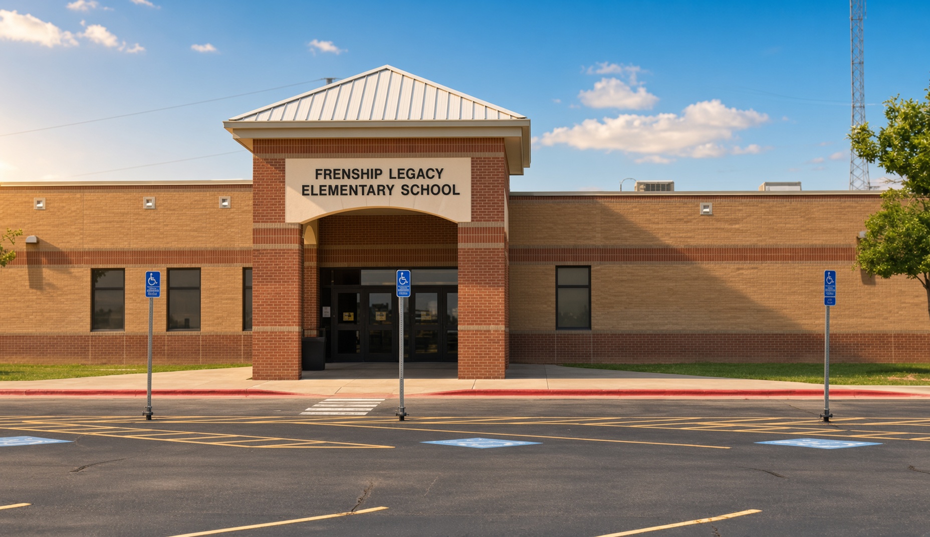 Front entrance of Frenship Legacy Elementary School, tan brick building under a blue sky